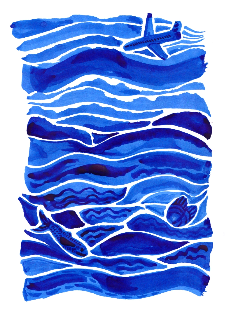Hand-painted watercolour of deep blue ocean waves with a small aeroplane flying above and fish swimming among the waves.